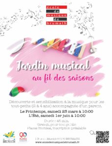 Jardin musical au fil des saisonsdécouverte et sensibilisation à la musique pour les tout-petits (2 à 4 ans) accompagné d'un parent. Durée 45 min. Gratuit Sur inscription